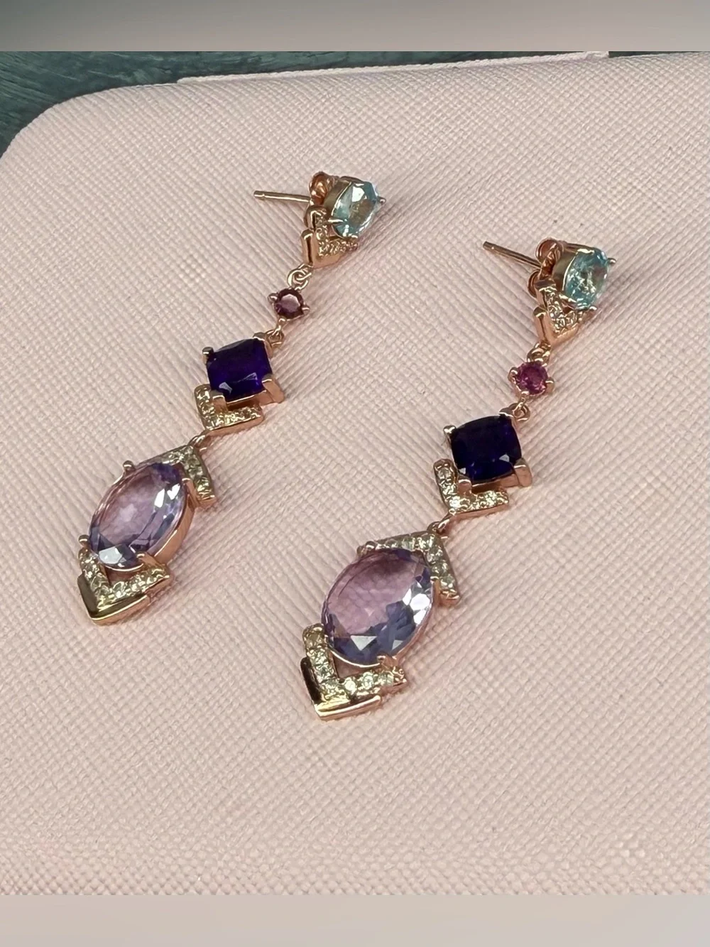 STUNNING! Natural Amethyst, Garnet, Topaz Dangle Earrings 14K Rose Gold over SS
